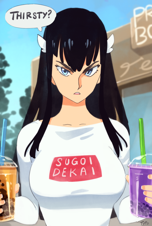 1girl alternate_costume black_hair blue_eyes bubble_tea clothes_writing commentary cup day disposable_cup drinking_straw english_commentary english_text hair_ornament kill_la_kill kiryuuin_satsuki long_hair long_sleeves looking_at_viewer meme_attire optionaltypo outdoors shirt sidelocks solo speech_bubble sugoi_dekai tsurime upper_body v-shaped_eyebrows white_shirt