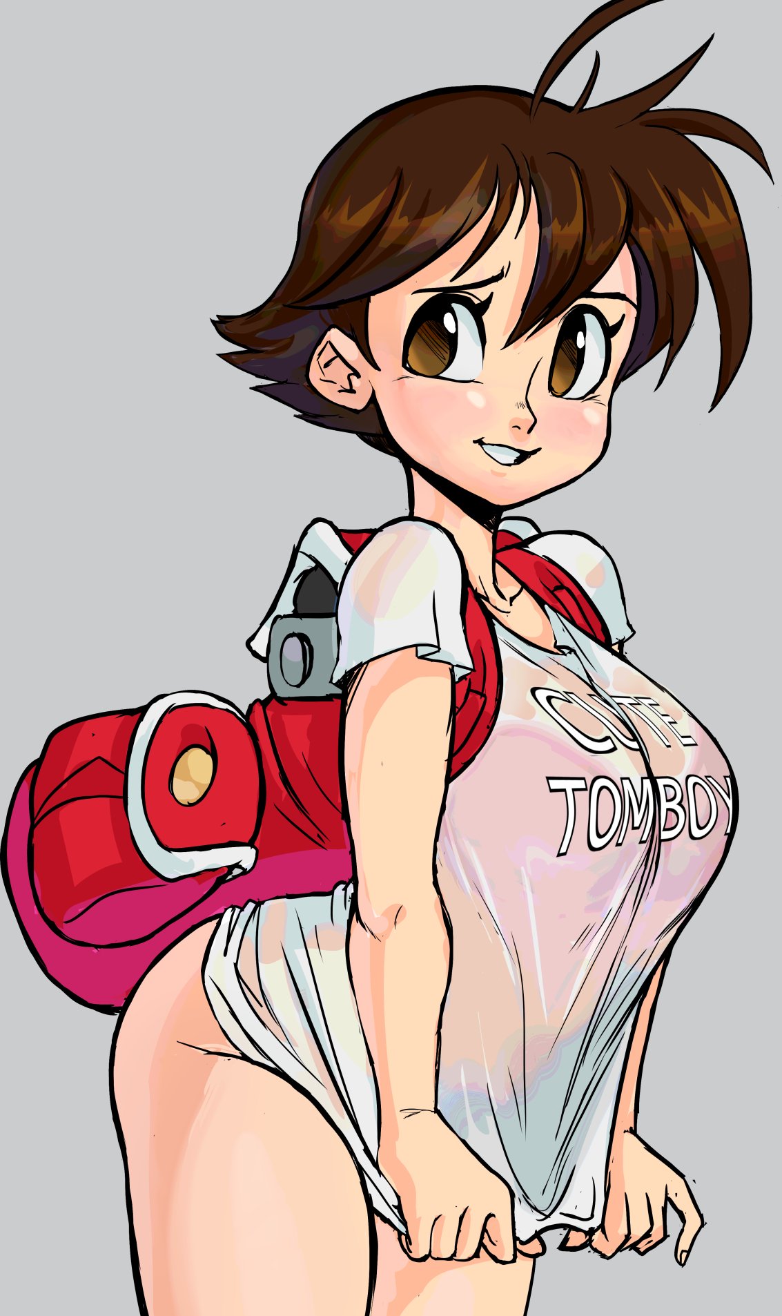 1girl backpack bag bent_over bra breasts brown_eyes brown_hair english_commentary english_text highres large_breasts looking_to_the_side no_pants pink_bra see-through shirt short_hair solo teevo tomboy umihara_kawase umihara_kawase_(character) underwear white_shirt