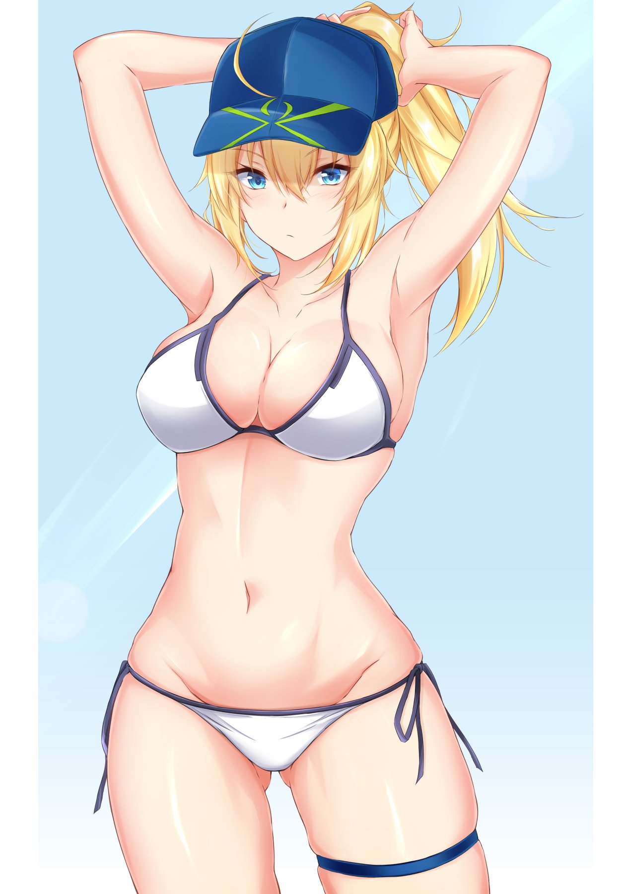 1girl ahoge armpits arms_up artoria_pendragon_(all) ass_visible_through_thighs bangs baseball_cap bikini blonde_hair blue_background blue_eyes breasts commentary_request cowboy_shot eyebrows_visible_through_hair fate/grand_order fate_(series) groin hair_between_eyes hat highres large_breasts long_hair looking_at_viewer mysterious_heroine_xx_(foreigner) navel piro_(prwtrs) ponytail side-tie_bikini skindentation solo standing stomach swimsuit thigh_strap thighs tying_hair white_bikini