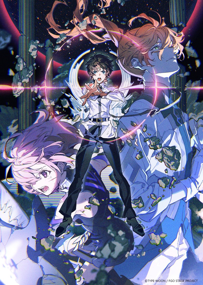 1girl 2boys blue_eyes brown_hair character_request fate/grand_order fate/grand_order_the_stage fate_(series) floating_hair green_eyes key_visual looking_down looking_up mash_kyrielight multiple_boys official_art open_mouth orange_hair ponytail purple_hair second-party_source short_hair violet_eyes watermark yoneyama_mai