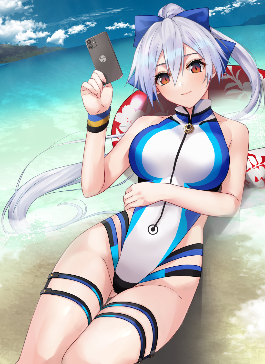 1girl bangs beach blue_bow blue_sky blue_swimsuit blush bow breasts cellphone closed_mouth fate/grand_order fate_(series) hair_between_eyes hair_bow highleg highleg_swimsuit highres innertube large_breasts long_hair looking_at_viewer lying mexifime ocean on_back one-piece_swimsuit phone ponytail red_eyes shore silver_hair sky smile swimsuit thigh_strap thighs tomoe_gozen_(fate/grand_order) tomoe_gozen_(swimsuit_saber)_(fate) two-tone_swimsuit white_swimsuit wristband