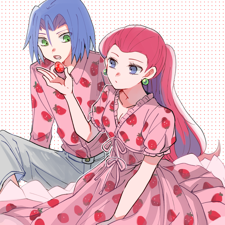 1boy 1girl atsumi_yoshioka blue_eyes food food_print fruit green_eyes kojirou_(pokemon) lavender_hair musashi_(pokemon) pokemon redhead strawberry strawberry_print team_rocket