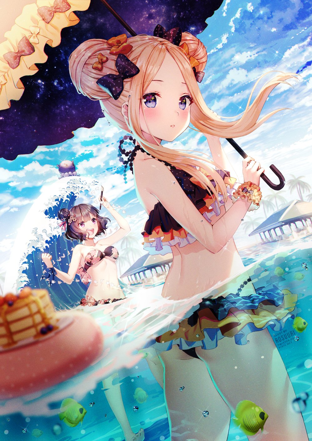 2girls abigail_williams_(fate/grand_order) ass back bangs bare_shoulders bikini black_bikini black_bow blonde_hair blue_eyes blue_sky blush bow breasts brush clouds day double_bun fate/grand_order fate_(series) fish floral_print flower food forehead hair_bow hair_flower hair_ornament highres holding holding_umbrella innertube katsushika_hokusai_(fate/grand_order) katsushika_hokusai_(swimsuit_saber)_(fate) long_hair looking_at_viewer medium_breasts multiple_girls ocean octopus open_mouth orange_bow outdoors paintbrush palm_tree pancake parasol parted_bangs partially_submerged partially_underwater_shot polka_dot polka_dot_bow rosuuri scrunchie sky space_print standing starry_sky_print strapless swimsuit symbol_commentary thighs tokitarou_(fate/grand_order) tree umbrella violet_eyes wading water waving wrist_scrunchie