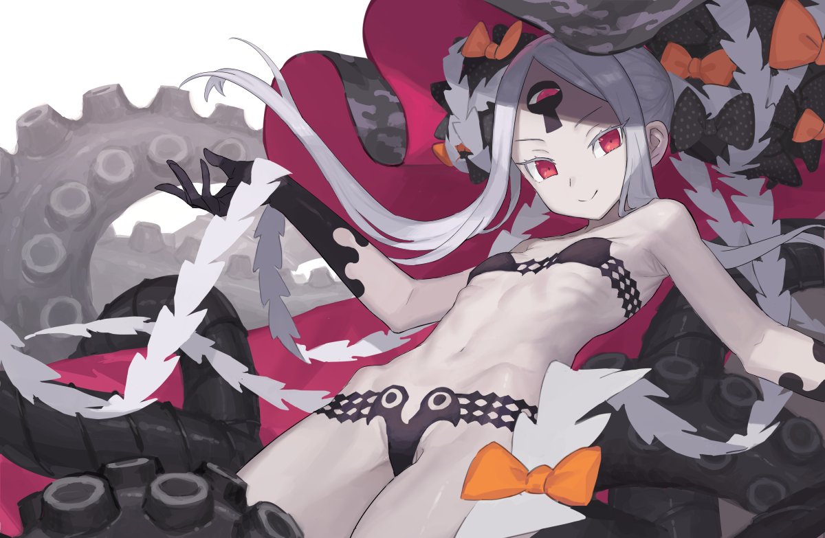 1girl abigail_williams_(fate/grand_order) abigail_williams_(swimsuit_foreigner)_(fate) bow chorefuji closed_mouth commentary_request eyelashes facial_mark fate/grand_order fate_(series) forehead_mark long_hair looking_at_viewer navel orange_bow red_eyes ribs shiny shiny_skin skinny smile solo suction_cups tentacles white_hair