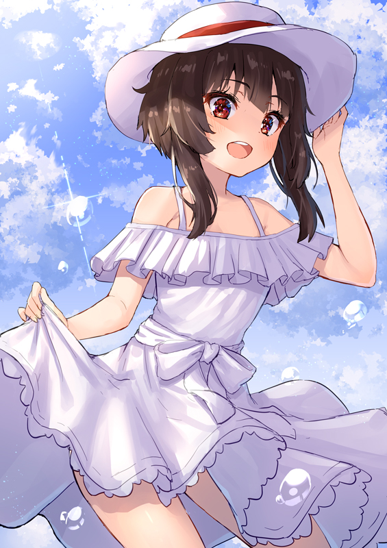 1girl :d alternate_costume bangs bare_arms bare_shoulders blue_sky blush brown_hair clouds collarbone commentary_request contrapposto cowboy_shot day dress dress_lift eyebrows_visible_through_hair frilled_dress frills hand_on_headwear hand_up hat kono_subarashii_sekai_ni_shukufuku_wo! lifted_by_self looking_at_viewer megumin open_mouth outdoors pensuke red_eyes round_teeth short_hair short_hair_with_long_locks skirt_hold sky smile solo spaghetti_strap sun_hat sundress teeth upper_teeth white_dress white_headwear