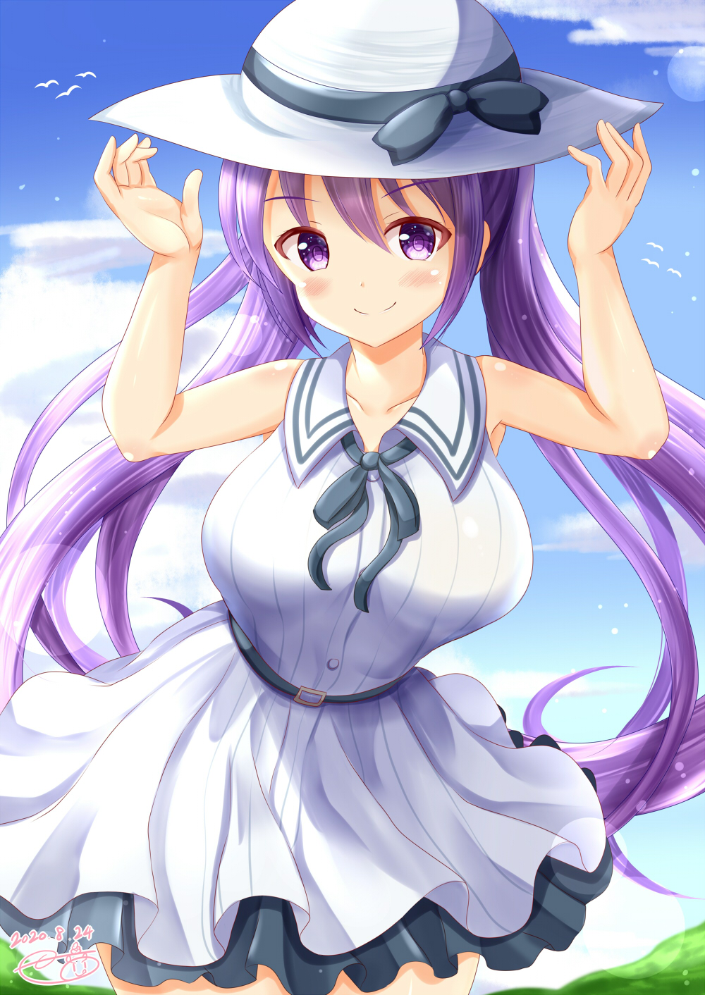 1girl arms_up bangs bare_arms bare_shoulders black_bow black_ribbon blush bow breasts closed_mouth collarbone collared_dress day dress eyebrows_visible_through_hair gochuumon_wa_usagi_desu_ka? hair_between_eyes hat hat_bow highres large_breasts long_hair neck_ribbon outdoors pleated_dress purple_hair ribbon sleeveless sleeveless_dress smile solo tedeza_rize twintails very_long_hair violet_eyes white_dress white_headwear zenon_(for_achieve)