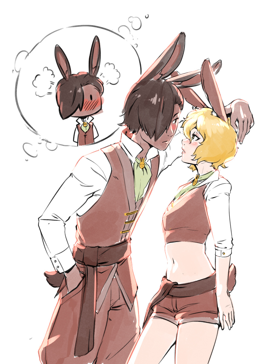 1boy 1girl animal_ears arm_up blonde_hair blush breasts brit_(d-rex) brown_shorts brown_vest bunny_boy bunny_girl bunny_ornament bunny_tail commentary cowboy_shot crop_top d-rex embarrassed eye_contact hair_between_eyes hair_over_one_eye hand_in_pocket highres leaning_forward long_sleeves looking_at_another midriff navel original rabbit_ears shirt shorts simple_background small_breasts steam tail vest white_background white_shirt