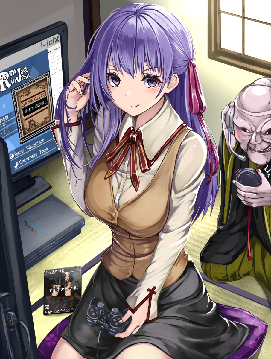 1boy 1girl adjusting_hair between_legs black_eyes breasts bright_pupils commentary_request computer controller cover dualshock fate/stay_night fate_(series) game_console game_controller game_cover gamepad hair_ribbon hand_up headphones headset highres holding homurahara_academy_uniform large_breasts long_hair looking_at_viewer matou_sakura matou_zouken monikano old_man playing_games playstation playstation_2 playstation_controller purple_hair red_ribbon ribbon sitting skirt smile solo sony television video_game violet_eyes