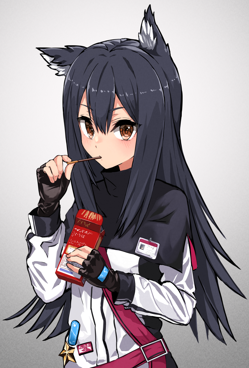 1girl animal_ear_fluff animal_ears arknights bangs black_capelet black_gloves black_hair blush brown_eyes capelet commentary fingerless_gloves food gloves grey_background hair_between_eyes hand_up highres holding holding_food id_card jacket kuronosu_(yamada1230) long_hair long_sleeves looking_at_viewer pocky simple_background solo star_(symbol) texas_(arknights) upper_body white_jacket wolf_ears