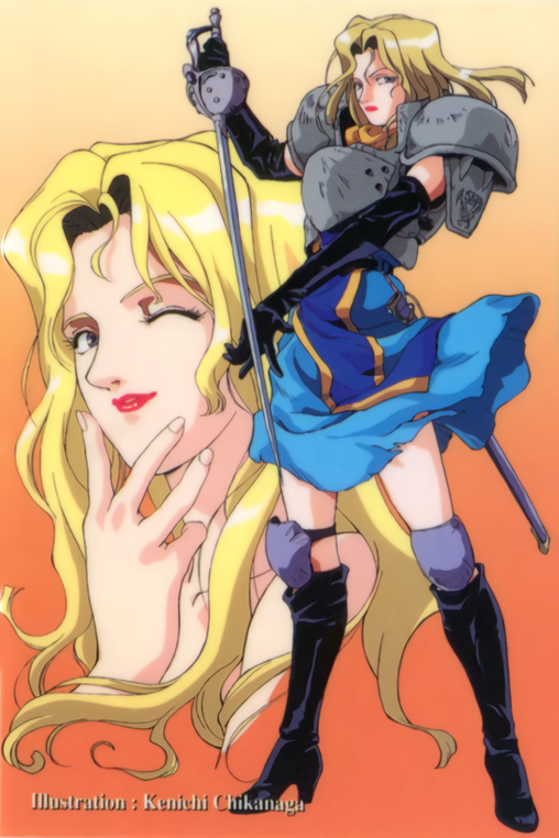 1990s_(style) armor artist_name black_footwear black_gloves blonde_hair blue_eyes boots breastplate charlotte_christine_de_colde chikanaga_kenichi elbow_gloves full_body gloves gradient gradient_background hand_on_own_chin high_heels holding holding_sword holding_weapon knee_boots lipstick long_hair looking_at_viewer makeup official_art one_eye_closed orange_background pauldrons rapier red_lips reverse_grip samurai_spirits sheath shoulder_armor skirt standing sword weapon