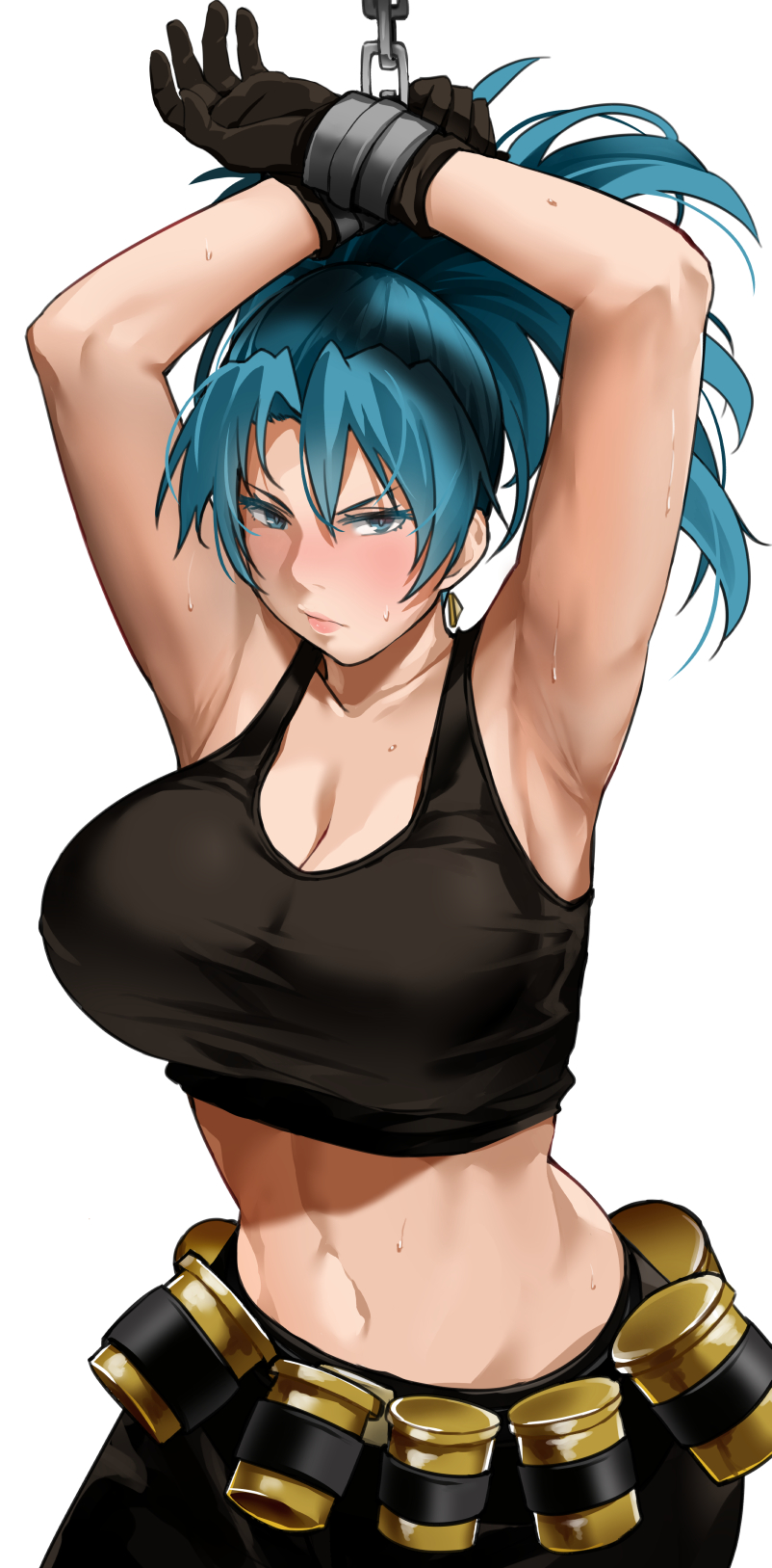 1girl armpits arms_up bakkanki bare_shoulders black_gloves black_tank_top blue_eyes blue_hair breasts earrings gas_can gloves highres jewelry large_breasts leona_heidern midriff military navel ponytail soldier solo tank_top the_king_of_fighters the_king_of_fighters_xiii