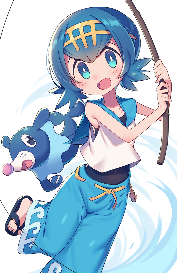 1girl bangs blue_eyes blue_hair blue_sailor_collar blush commentary_request covered_navel fishing_line fishing_rod hairband holding holding_fishing_rod looking_at_viewer one-piece_swimsuit open_mouth pokemon pokemon_(creature) pokemon_(game) pokemon_sm sailor_collar shirt short_hair sleeveless smile suiren_(pokemon) swimsuit swimsuit_under_clothes tongue trial_captain wagashi928