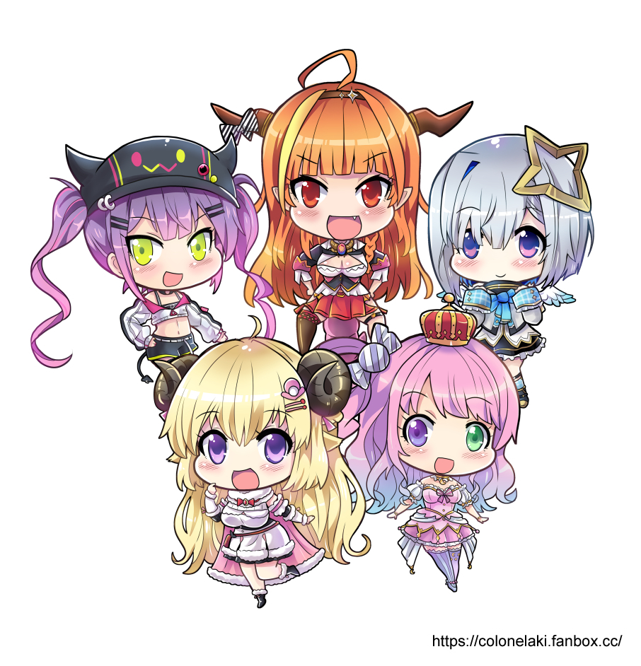 5girls amane_kanata angel angel_wings baseball_cap blonde_hair bow chibi cleavage_cutout colonel_aki commentary_request crop_top crown detached_sleeves dragon_tail dress eyebrows_visible_through_hair frilled_dress frilled_sleeves frills green_eyes grey_hair hair_between_eyes hair_bow hair_ornament hairclip hat heterochromia himemori_luna hololive horn_bow horns kiryuu_coco mini_crown multicolored_hair multiple_girls navel open_mouth orange_hair pink_hair pleated_skirt purple_hair sheep_horns shorts side_ponytail skirt smile star_(symbol) star_hair_ornament tail thigh-highs tokoyami_towa tsunomaki_watame twintails two-tone_hair wings