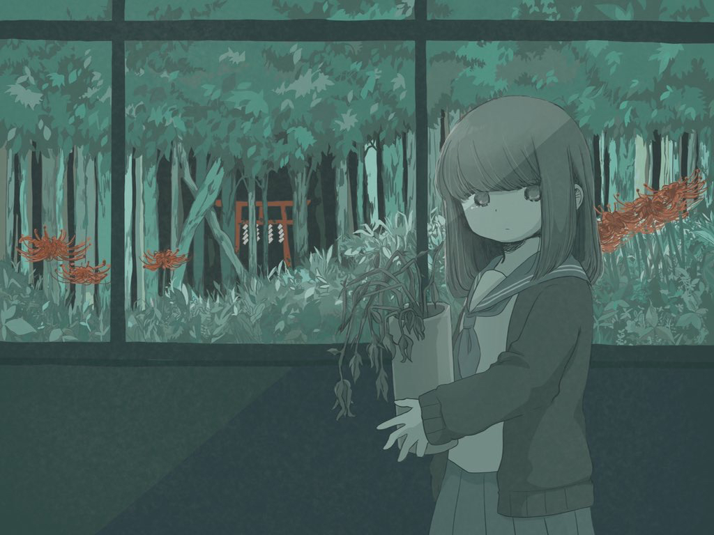 1girl awayawa_pic commentary_request dot_nose flower flower_pot forest greyscale jacket long_hair long_sleeves monochrome nature neckerchief open_clothes open_jacket original pleated_skirt red_flower sad school_uniform serafuku shirt skirt solo spider_lily spot_color tears torii tree wilted_flower window