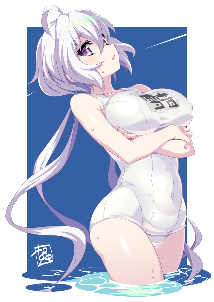 1girl ahoge blush breasts covered_navel covered_nipples crossed_arms gummyrise large_breasts long_hair looking_at_viewer low_twintails name_tag old_school_swimsuit one-piece_swimsuit school_swimsuit senki_zesshou_symphogear shiny shiny_hair shiny_skin silver_hair skin_tight solo standing swimsuit twintails violet_eyes water wet white_swimsuit yukine_chris