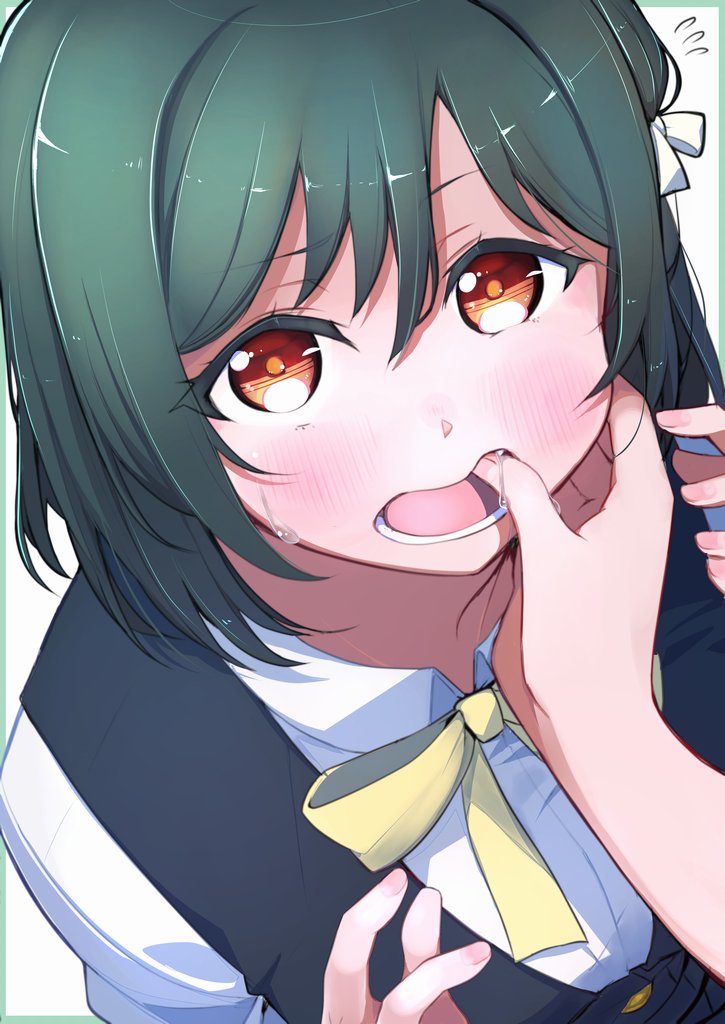 1girl 1other bangs blush brown_eyes collared_shirt commentary_request fang finger_in_another's_mouth fingernails green_hair hair_between_eyes hair_ribbon looking_at_viewer love_live! love_live!_school_idol_festival_all_stars mifune_shioriko neck_ribbon nijigasaki_academy_uniform open_mouth perfect_dream_project repunit ribbon saliva school_uniform shirt short_hair short_sleeves skirt solo_focus teeth upper_body vest white_background white_skirt yellow_neckwear