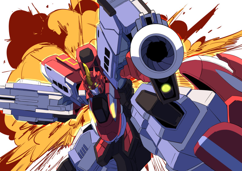 aiming_at_viewer e6_komachi_(shinkalion) explosion glowing glowing_eyes gun holding holding_gun holding_weapon looking_at_viewer looking_up mecha no_humans shinkansen_henkei_robo_shinkalion solo weapon wingaoi yellow_eyes