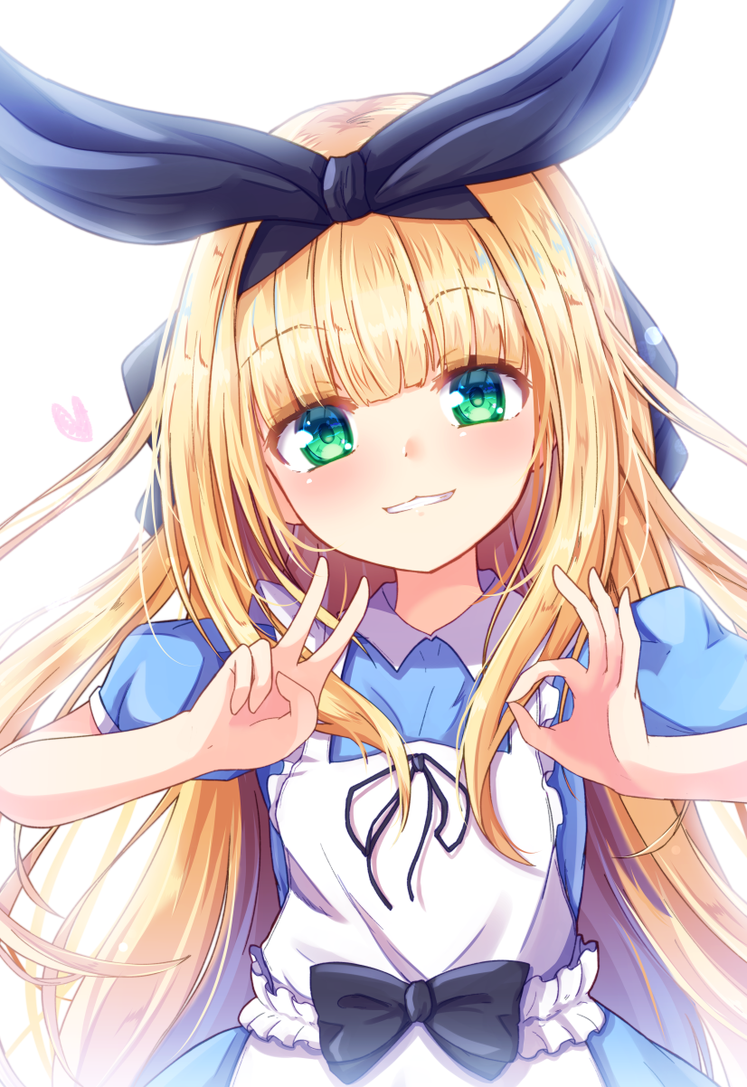 1girl apron bangs baram black_bow black_ribbon blonde_hair blue_dress blush bow collared_dress commentary_request dress eyebrows_visible_through_hair frilled_apron frills green_eyes grin hair_bow hair_ribbon head_tilt heart highres long_hair looking_at_viewer mononobe_alice nijisanji ok_sign puffy_short_sleeves puffy_sleeves ribbon short_sleeves simple_background smile solo upper_body v very_long_hair virtual_youtuber white_apron white_background