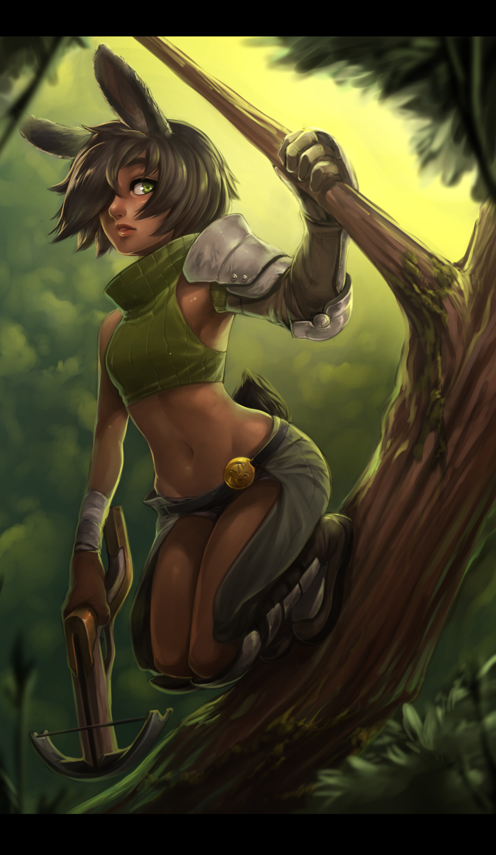 1girl armor armored_boots bandaged_arm bandages bare_arms boots bow_(weapon) breasts brown_footwear bunny_girl bunny_tail commentary cropped_sweater crossbow d-rex dark_skin day forest gauntlets green_eyes green_sweater hair_over_one_eye highres holding holding_weapon looking_at_viewer medium_breasts midriff mismatched_sleeves nature navel original outdoors pants short_hair shoulder_armor solo squatting stomach sweater tail tree weapon