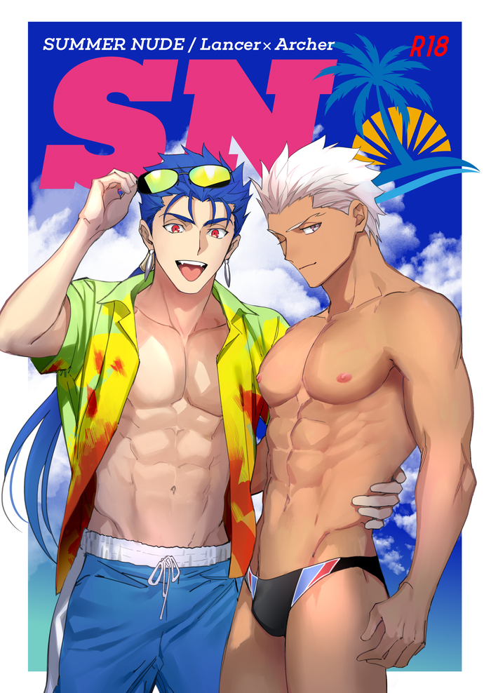2boys abs alternate_costume archer blue_hair chest cover cover_page cu_chulainn_(fate)_(all) dark_skin dark_skinned_male doujin_cover doujinshi earrings emya english_text eyewear_removed fate/grand_order fate/stay_night fate_(series) grey_eyes groin hand_on_another's_waist jewelry lancer male_focus male_swimwear multiple_boys muscle navel outdoors red_eyes short_hair shorts summer swim_briefs swimwear thighs white_hair yaoi