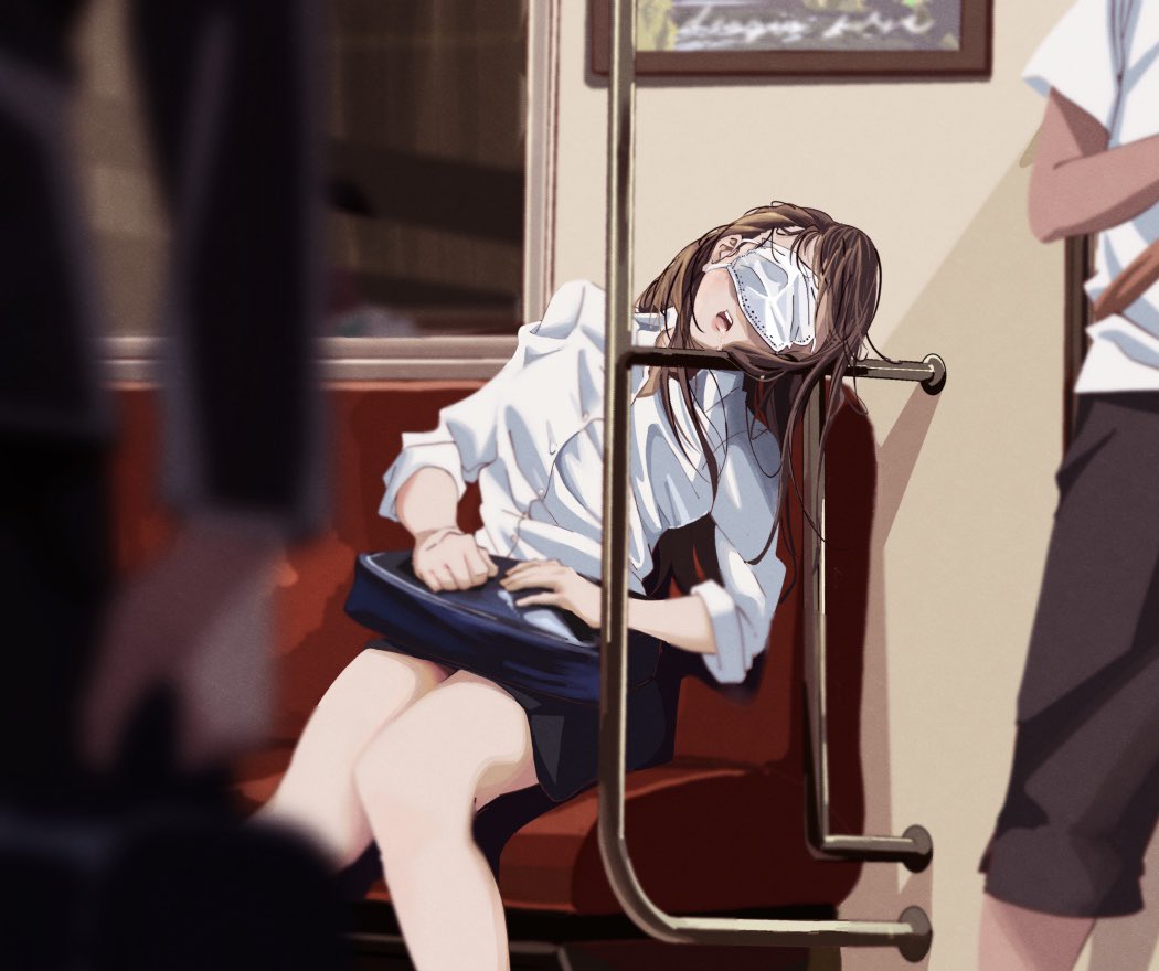 1girl 2boys bag bangs black_skirt blurry blurry_foreground breasts brown_hair buttons ground_vehicle kojimo_fujimoto leaning_to_the_side long_hair mask messy_hair mouth_mask multiple_boys open_mouth original shirt sitting skirt sleeping sleeping_upright surgical_mask train train_interior white_shirt