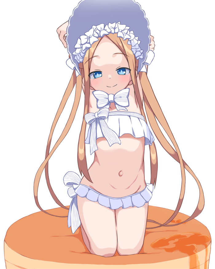 1girl abigail_williams_(fate/grand_order) abigail_williams_(swimsuit_foreigner)_(fate) armpits arms_up bikini blonde_hair blue_eyes bonnet bow bubukka closed_mouth eyebrows_visible_through_hair fate/grand_order fate_(series) flat_chest kneeling looking_at_viewer navel simple_background smile solo swimsuit white_background white_bikini white_bow white_headwear