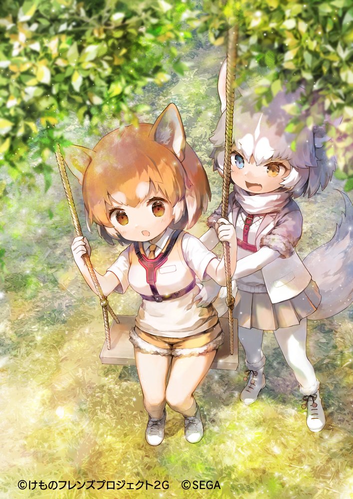 2girls 888myrrh888 animal_ears blue_eyes blush boots brown_eyes brown_neckwear collared_shirt commentary_request dog_(kemono_friends) dog_(mixed_breed)_(kemono_friends) dog_ears dog_girl dog_tail elbow_gloves eyebrows_visible_through_hair fang fur_trim gloves grey_hair grey_jacket grey_skirt hands_on_another's_hips harness heterochromia jacket kemono_friends kemono_friends_3 light_brown_hair multicolored_hair multiple_girls necktie official_art open_mouth pantyhose pleated_skirt scarf shirt shoes short_hair short_shorts short_sleeves shorts skirt sneakers swing t-shirt tail vest white_gloves white_hair white_legwear white_scarf white_shirt yellow_eyes