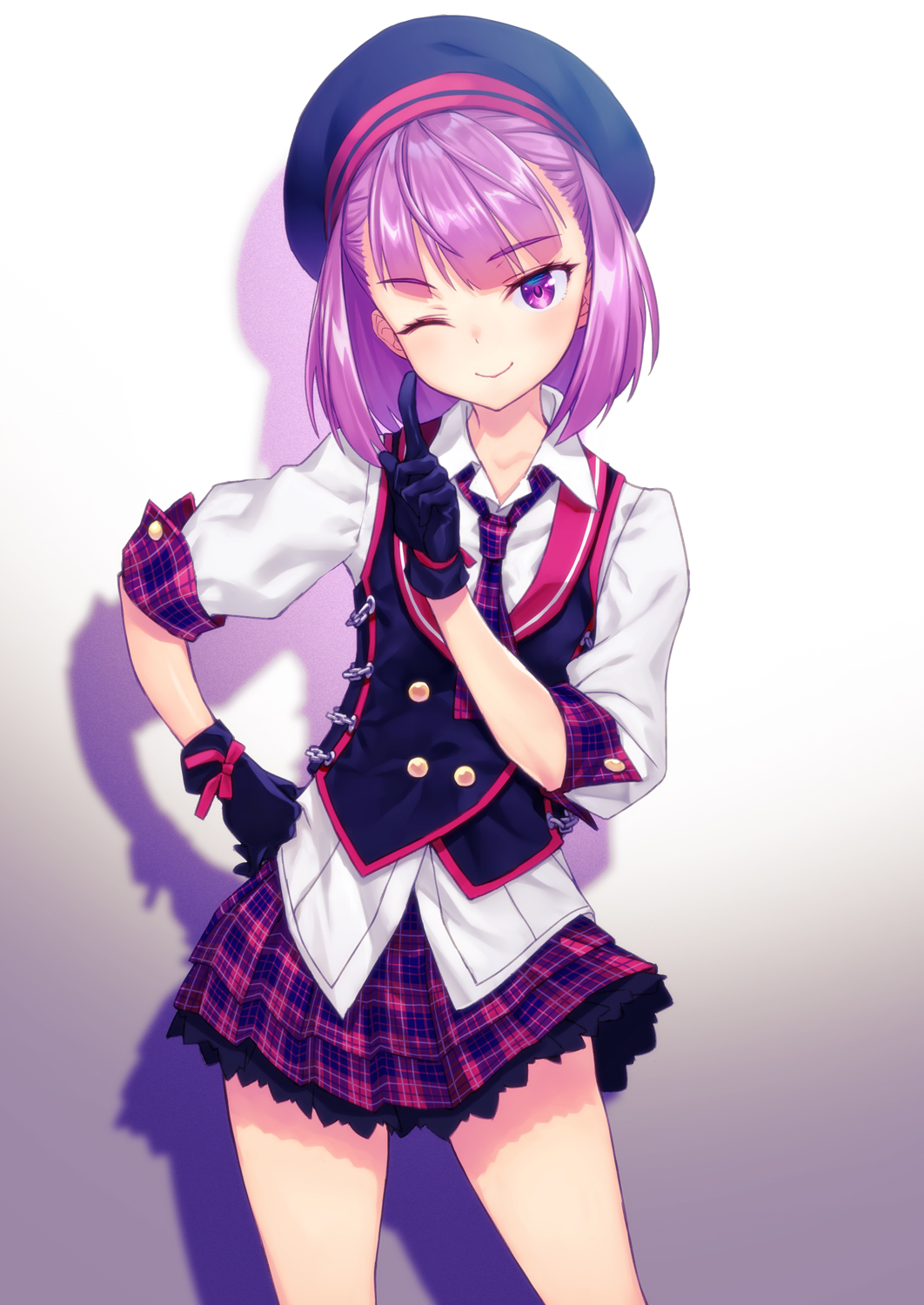 1girl ;) bangs beret black_gloves black_headwear black_neckwear black_vest blunt_bangs blush closed_mouth collared_shirt commentary_request contrapposto cowboy_shot eyebrows_visible_through_hair fate/grand_order fate_(series) gloves gradient gradient_background hand_on_hip hat helena_blavatsky_(fate/grand_order) highres index_finger_raised looking_at_viewer matsuryuu miniskirt necktie one_eye_closed pink_ribbon plaid plaid_skirt pleated_skirt purple_background purple_hair purple_skirt ribbon shirt short_hair short_sleeves skirt smile solo vest violet_eyes white_shirt