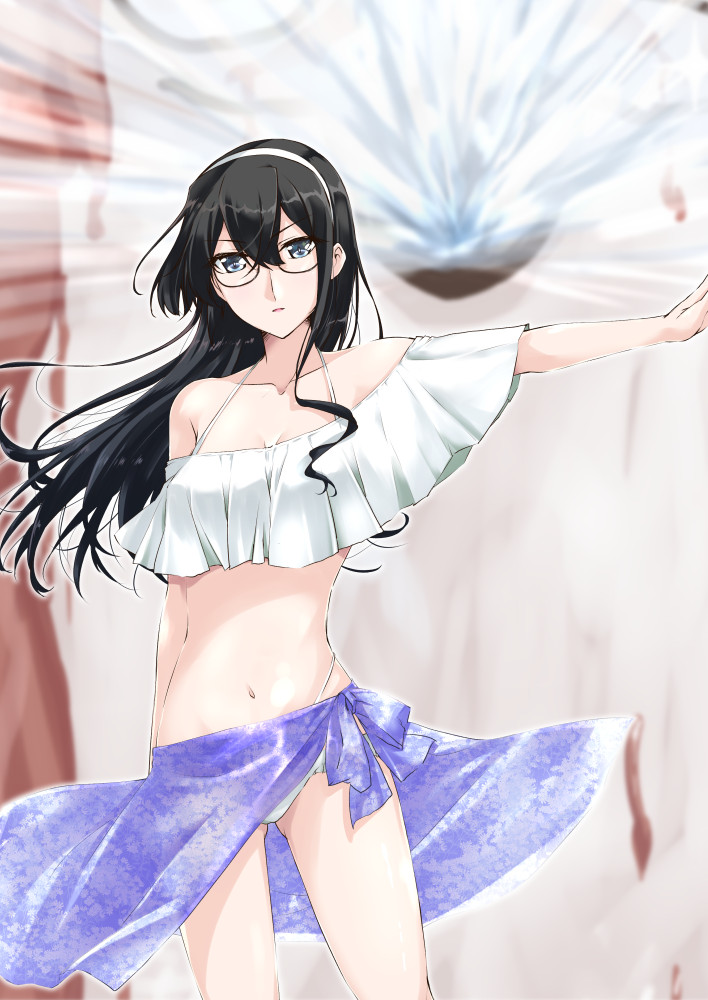 1girl bikini black_hair breasts collarbone commentary_request frilled_bikini frills glasses green_eyes hairband kantai_collection long_hair looking_at_viewer mikage_takashi ooyodo_(kantai_collection) outstretched_arm pose purple_sarong sarong small_breasts solo standing swimsuit white_bikini white_hairband