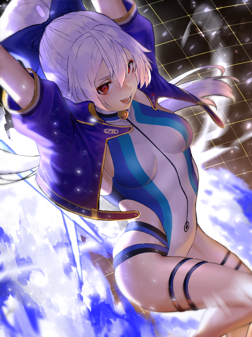 1girl bangs blue_bow blue_jacket blue_swimsuit blush bow breasts fate/grand_order fate_(series) giji_(gishi2186) hair_between_eyes hair_bow highleg highleg_swimsuit highres jacket large_breasts long_hair looking_at_viewer one-piece_swimsuit open_mouth ponytail red_eyes short_sleeves silver_hair smile swimsuit thigh_strap thighs tomoe_gozen_(fate/grand_order) tomoe_gozen_(swimsuit_saber)_(fate) two-tone_swimsuit water wet white_swimsuit