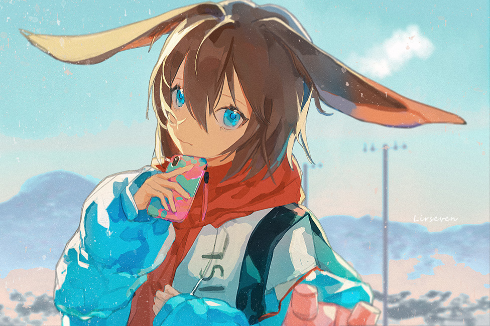 1girl amiya_(arknights) animal_ears arknights bangs blue_eyes brown_hair cellphone closed_mouth day frown hair_between_eyes holding holding_phone jacket lirseven long_sleeves looking_at_viewer phone rabbit_ears red_scarf scarf sky solo upper_body winter_clothes