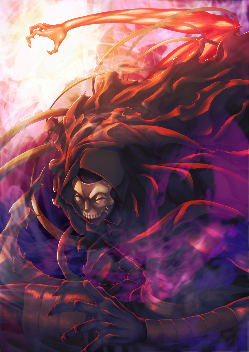 1boy arm_up black_cloak black_clothes black_skin cloak dark_skin fate/grand_order fate/stay_night fate_(series) hood hooded_cloak looking_to_the_side male_focus mask skull skull_mask solo take_tw01 torn_cloak torn_clothes true_assassin zabaniya_(fate)