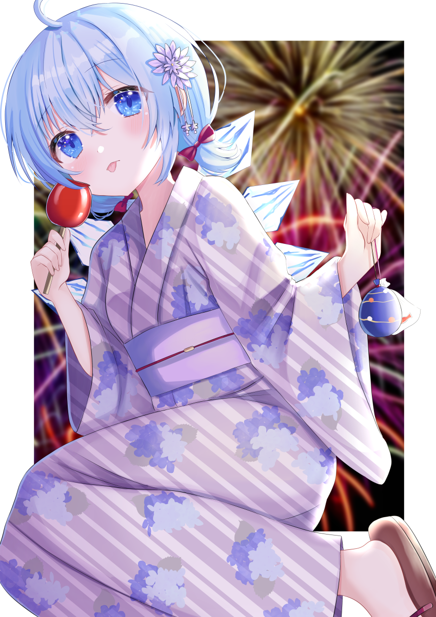 1girl :p aerial_fireworks ahoge alternate_costume alternate_hairstyle alternate_headwear arms_up blue_eyes blue_hair blurry blurry_background candy_apple cirno commentary_request eyebrows_visible_through_hair fireworks fish floral_print flower food goldfish hair_between_eyes hair_flower hair_ornament highres holding holding_food japanese_clothes kimono leaning_to_the_side light_blush looking_at_viewer low_twintails nibosi obi purple_kimono sandals sash short_hair sitting solo striped striped_kimono tongue tongue_out touhou twintails unmoving_pattern water_yoyo wings yokozuwari yukata
