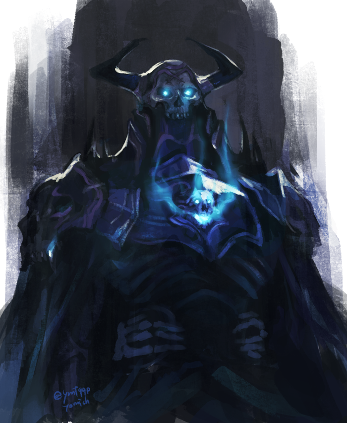 1boy armor black_armor black_horns blue_eyes blue_fire burning fate/grand_order fate_(series) fire flame flaming_eye glowing glowing_eyes horns king_hassan_(fate/grand_order) looking_at_viewer male_focus simple_background skull skull_mask solo spikes upper_body yomichi_(yomi888)