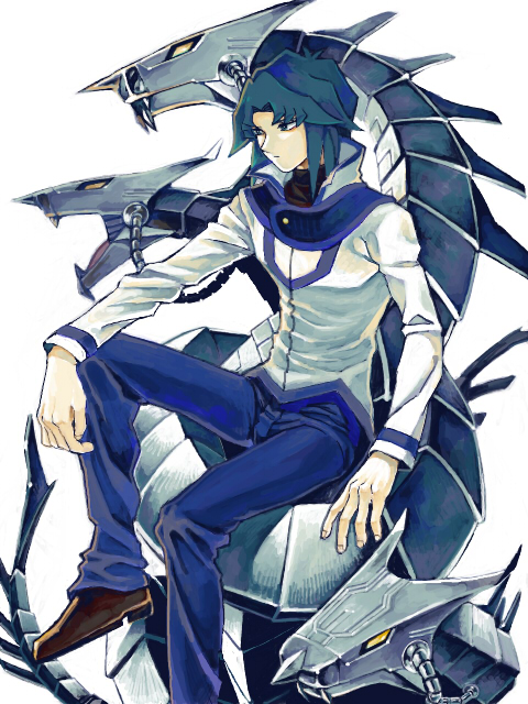 1boy black_shirt blue_eyes blue_hair blue_pants closed_mouth commentary_request cyber_dragon duel_academy_uniform_(yuu-gi-ou_gx) duel_monster expressionless jacket machine male_focus marufuji_ryou moiko pants shirt shoes simple_background sitting white_background white_jacket yuu-gi-ou yuu-gi-ou_gx