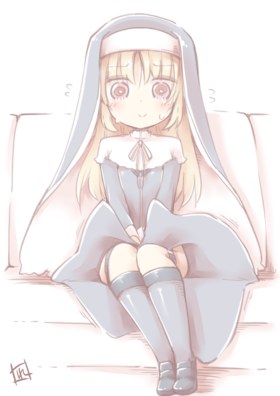 1girl bangs black_footwear blonde_hair blush brown_eyes closed_mouth commentary_request couch covering covering_crotch dress eyebrows_visible_through_hair flying_sweatdrops garter_straps grey_dress grey_legwear habit hair_between_eyes kneehighs loafers long_hair long_sleeves nijisanji nun on_couch reku shoes signature sister_cleaire sitting solo sweat veil very_long_hair virtual_youtuber white_background