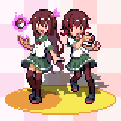 2girls brown_eyes brown_hair brown_legwear checkered checkered_background commentary_request green_sailor_collar green_skirt holding holding_poke_ball kantai_collection kisaragi_(kantai_collection) long_hair lowres makkusu_(max_101010) multiple_girls mutsuki_(kantai_collection) pantyhose parody pixel_art poke_ball poke_ball_(basic) pokemon sailor_collar school_uniform serafuku short_hair skirt thigh-highs