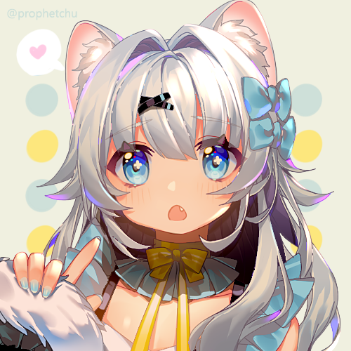 1girl :o animal_ear_fluff animal_ears bangs blue_bow blue_eyes blue_nails blush bow commentary eyebrows_visible_through_hair fang fur-trimmed_sleeves fur_trim grey_background hair_between_eyes hair_bow hair_ornament hairclip heart index_finger_raised long_hair long_sleeves looking_at_viewer lowres nail_polish open_mouth original pinching_sleeves prophet_chu silver_hair sleeves_past_wrists solo spoken_heart symbol_commentary twitter_username upper_body x_hair_ornament yellow_bow
