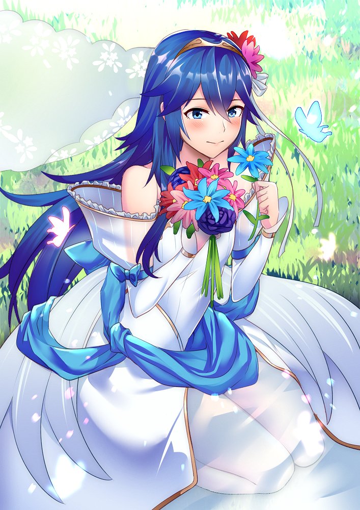 1girl alternate_costume ameno_(a_meno0) bare_shoulders blue_bow blue_butterfly blue_eyes blue_flower blue_hair blue_ribbon blush bouquet bow bridal_veil bride bride_(fire_emblem) bug butterfly closed_mouth dress eyebrows_visible_through_hair fire_emblem fire_emblem_awakening fire_emblem_musou flower grass hair_between_eyes hair_flower hair_ornament holding holding_bouquet holding_flower insect lips long_hair lucina lucina_(fire_emblem) outdoors pink_butterfly pink_flower purple_flower purple_rose red_flower ribbon rose sitting solo strapless strapless_dress symbol-shaped_pupils tiara veil wedding_dress white_dress