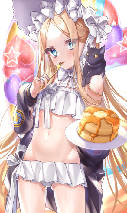 1girl abigail_williams_(fate/grand_order) abigail_williams_(swimsuit_foreigner)_(fate) bangs bare_shoulders bikini black_cat black_jacket blonde_hair blue_eyes bonnet bow breasts cat fate/grand_order fate_(series) food forehead hair_bow innertube jacket long_hair miniskirt navel off_shoulder open_clothes open_jacket pancake parted_bangs plate sidelocks skirt small_breasts swimsuit twintails very_long_hair white_bikini white_bow white_headwear yayoi_maka