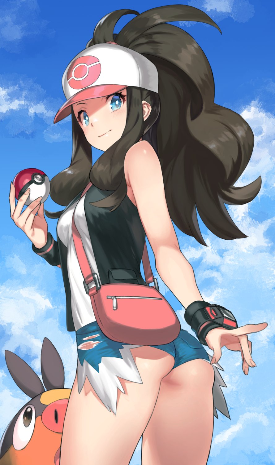1girl 92m ass bag baseball_cap between_breasts black_hair blue_eyes breasts clouds cloudy_sky denim denim_shorts gen_5_pokemon hat high_ponytail highres holding long_hair looking_at_viewer looking_back poke_ball pokemon pokemon_(creature) pokemon_(game) pokemon_bw ponytail shirt shorts shoulder_bag sidelocks sky sleeveless sleeveless_shirt smile solo tepig torn_clothes torn_shorts touko_(pokemon) wristband