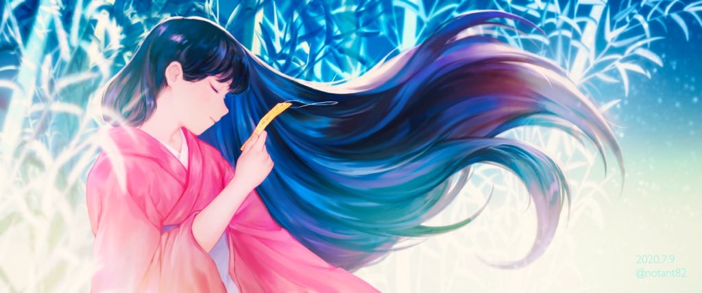 1girl bamboo bangs black_hair closed_eyes closed_mouth commentary_request dated eyelashes floating_hair from_side hair_behind_ear happy holding holding_paper japanese_clothes kimono long_hair long_sleeves night notant original paper profile red_kimono smile solo symbol_commentary tanabata very_long_hair wide_sleeves