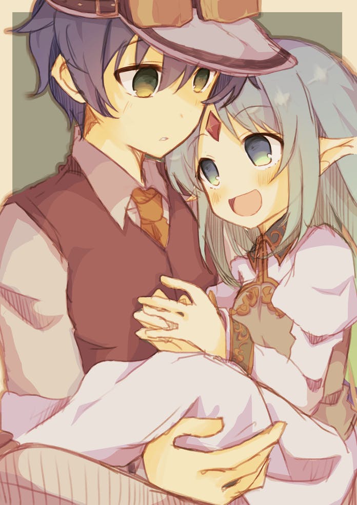 1boy 1girl :d bangs black_hair blue_eyes blue_hair blush carrying collared_shirt dress el_mofus_(rance_10) eyebrows_visible_through_hair forehead_jewel formal green_eyes hair_between_eyes happy hat holding holding_person konoquro long_hair long_sleeves looking_at_another necktie open_mouth parted_bangs pointy_ears princess_carry rance_(series) rance_10 red_neckwear reset_kalar shirt short_hair sidelocks simple_background smile suit
