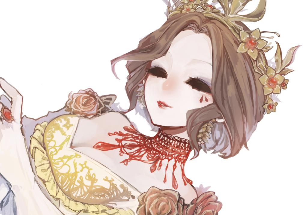 1girl black_eyes breasts brown_hair closed_mouth crown dress dutch_angle earrings flower gem gloves head_tilt identity_v jewelry leaf legendofbaggage makeup mary_(identity_v) necklace no_pupils ring rose short_hair solo white_background white_gloves