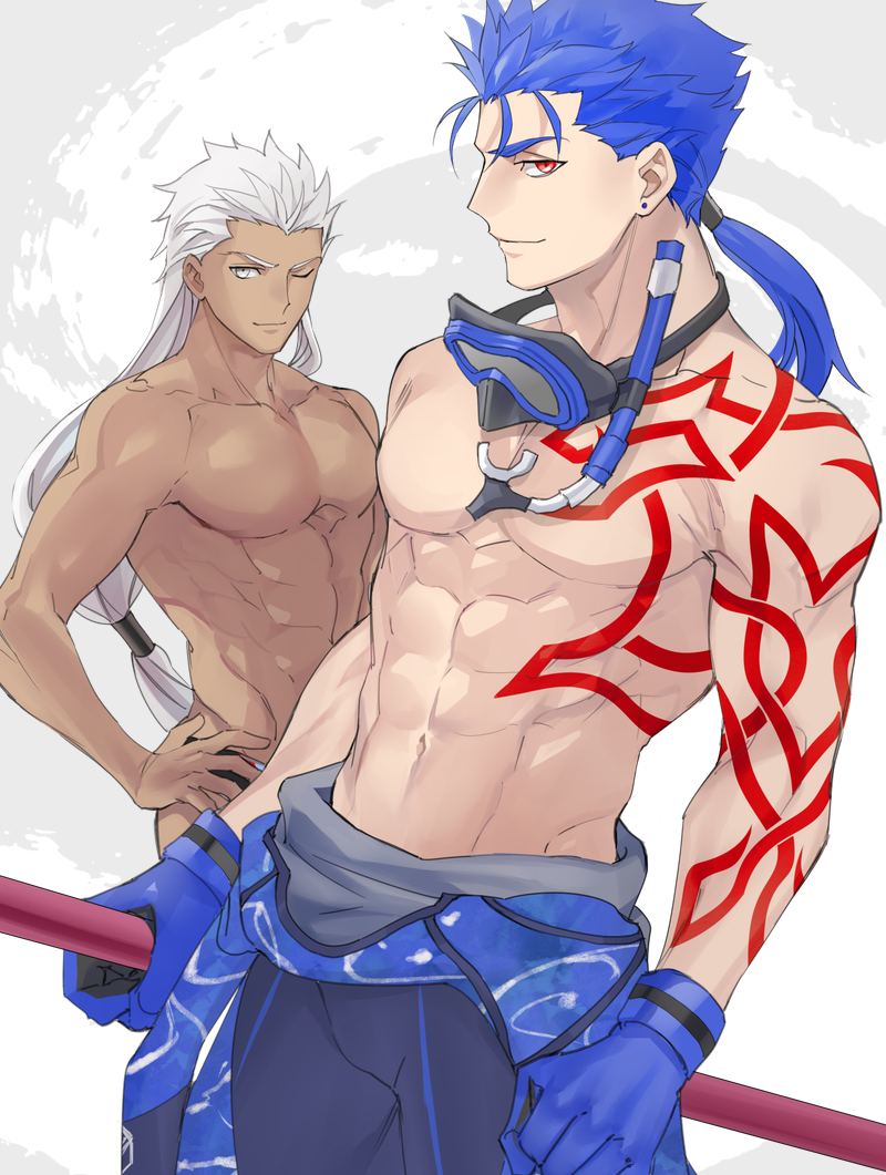 2boys abs alternate_costume alternate_hairstyle archer blue_hair chest cu_chulainn_(fate)_(all) dark_skin dark_skinned_male diving_mask earrings emya fate/grand_order fate/stay_night fate_(series) grey_eyes jewelry lancer long_hair male_focus multiple_boys muscle navel pectorals ponytail red_eyes shirtless tattoo white_hair