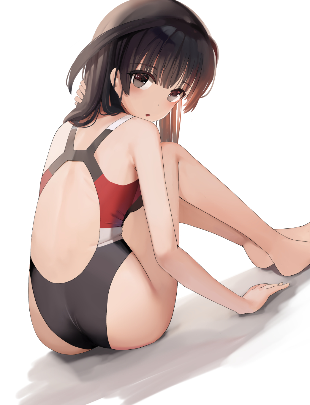 1girl agatsuma_kaede alice_gear_aegis ass bangs barefoot black_eyes black_hair black_swimsuit blunt_bangs breasts commentary_request competition_swimsuit from_behind head_tilt highres long_hair looking_at_viewer medium_breasts one-piece_swimsuit simple_background sitting solo sunga2usagi swimsuit white_background