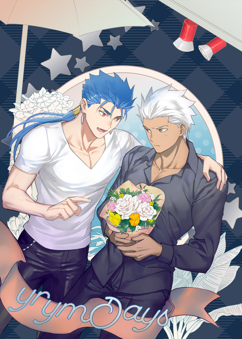 2boys alternate_costume archer blue_hair blush bouquet casual chest couple cu_chulainn_(fate)_(all) dark_skin dark_skinned_male earrings emya fate/grand_order fate/stay_night fate_(series) flower grey_eyes hand_on_another's_shoulder jewelry lancer male_focus multiple_boys muscle pectorals ponytail red_eyes short_hair white_hair