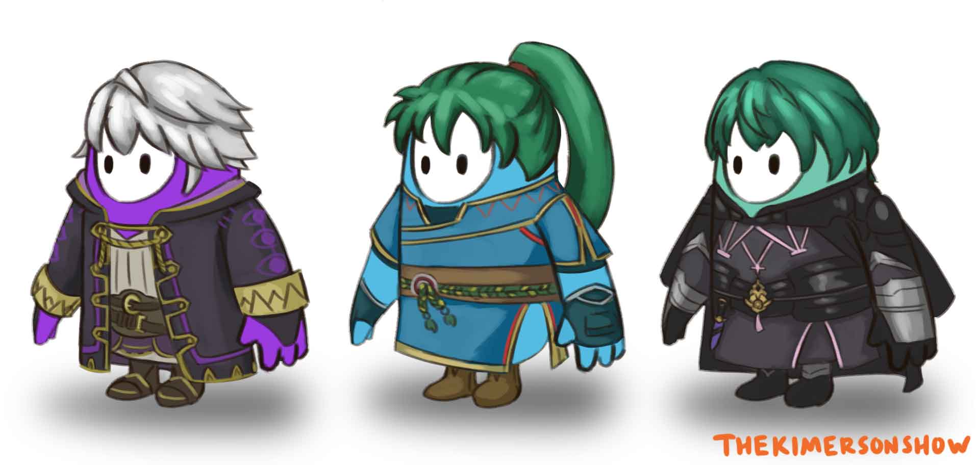 3others artist_name black_eyes byleth_(fire_emblem) byleth_eisner_(male) byleth_eisner_(male)_(cosplay) cosplay english_commentary fall_guy fall_guys fire_emblem fire_emblem:_the_blazing_blade fire_emblem:_three_houses fire_emblem_awakening green_hair highres kimerson lyn_(fire_emblem) lyn_(fire_emblem)_(cosplay) multiple_others no_humans robin_(fire_emblem) robin_(fire_emblem)_(male) robin_(fire_emblem)_(male)_(cosplay) white_hair