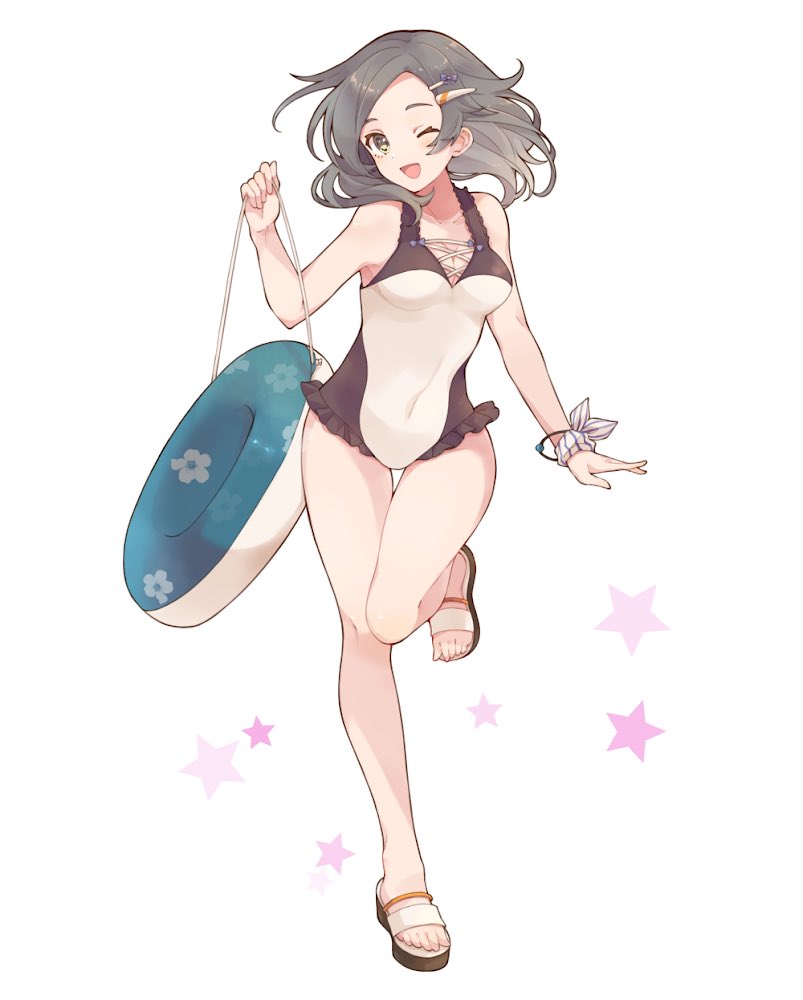 1girl barefoot black_hair breasts collarbone full_body hair_ornament innertube kantai_collection kuroshio_(kantai_collection) one-piece_swimsuit one_eye_closed open_mouth sandals scrunchie shakemi_(sake_mgmgmg) short_hair small_breasts smile solo star_(symbol) swimsuit toes white_background wrist_scrunchie yellow_eyes