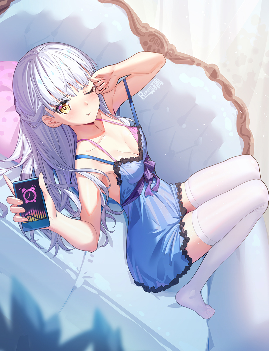 1girl ;t arm_up artist_name bangs bare_arms bare_shoulders blue_dress blush bow breasts cellphone closed_mouth collarbone commentary_request couch dress dutch_angle eyebrows_visible_through_hair frilled_dress frills full_body highres holding holding_phone knees_up long_hair lying medium_breasts no_shoes on_back on_couch one_eye_closed original phone pillow polka_dot pout purple_bow ririko_(zhuoyandesailaer) saegusa_riko silver_hair sleeveless sleeveless_dress solo thigh-highs very_long_hair watermark white_legwear yellow_eyes